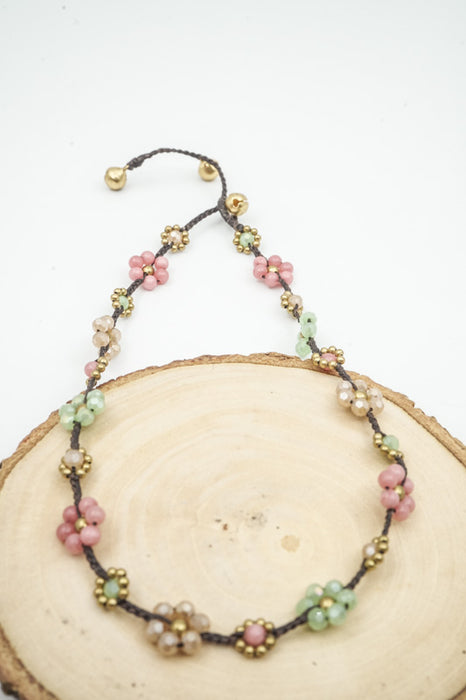Kette kleine Blumen Steine 4mm rosa/grün/weiss