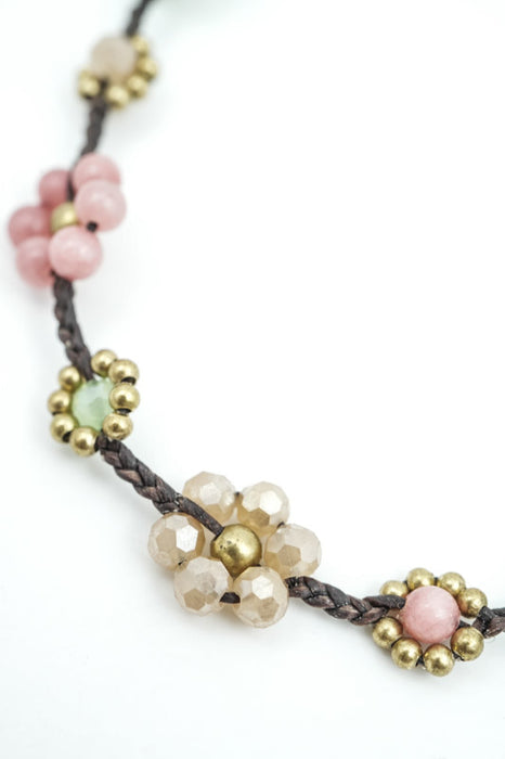 Kette kleine Blumen Steine 4mm rosa/grün/weiss
