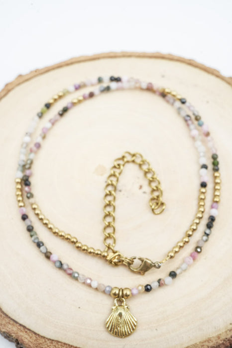 Kette 2mm Turmalin mit Muschelanhänger
