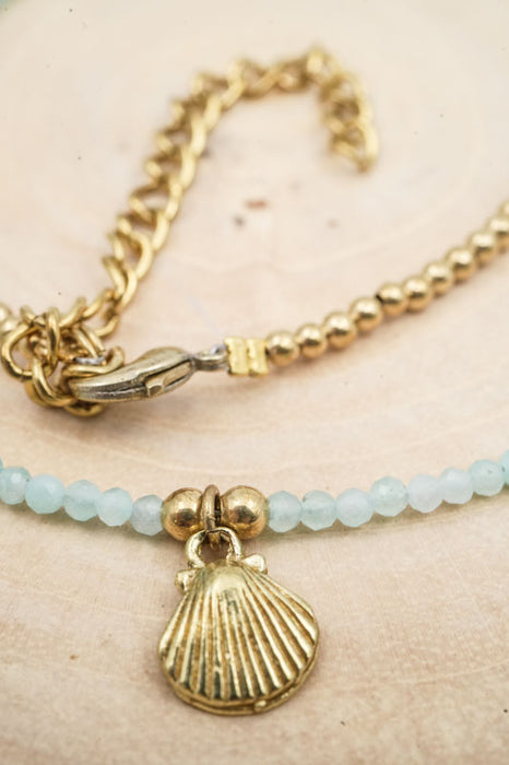 Kette 2mm Amazonit mit Muschelanhänger