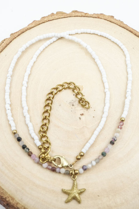 Kette 2mm Turmalin und weisser Afghan Stein mit Anhänger Seestern
