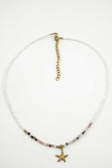 Kette 2mm Turmalin und weisser Afghan Stein mit Anhänger Seestern