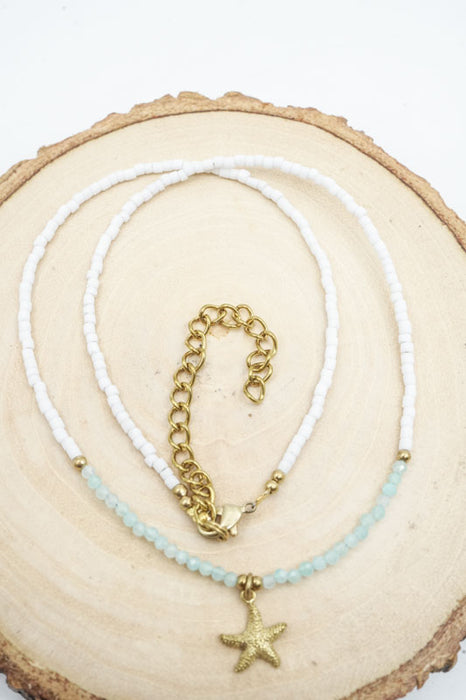 Kette 2mm Amazonit und weisser Afghan Stein mit Anhänger Seestern