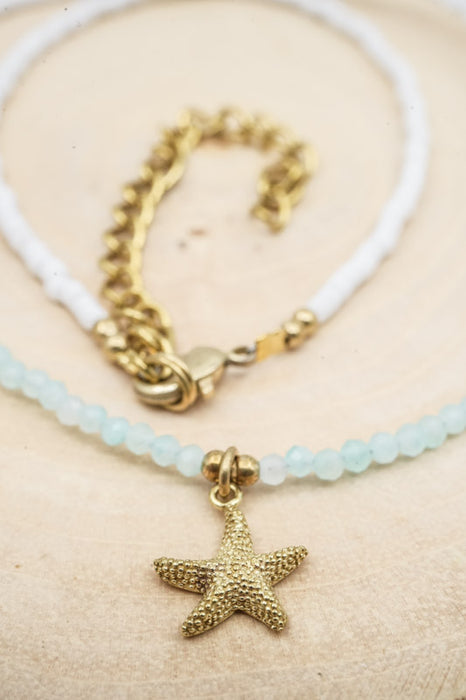 Kette 2mm Amazonit und weisser Afghan Stein mit Anhänger Seestern