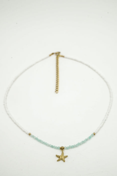 Kette 2mm Amazonit und weisser Afghan Stein mit Anhänger Seestern