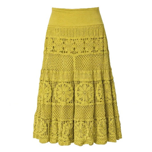 Long A-line skirt with crochet design olive green - One Size