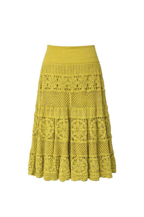 Long A-line skirt with crochet design olive green - One Size
