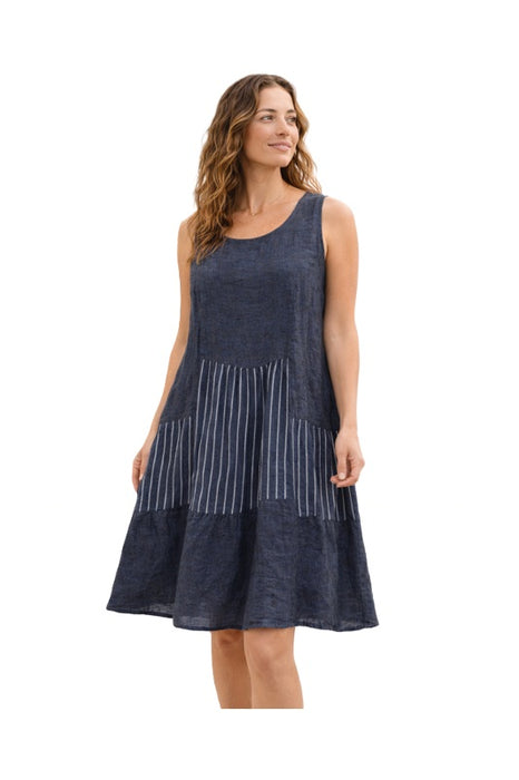 Robe en lin bleu foncé fines rayures blanches - Taille unique