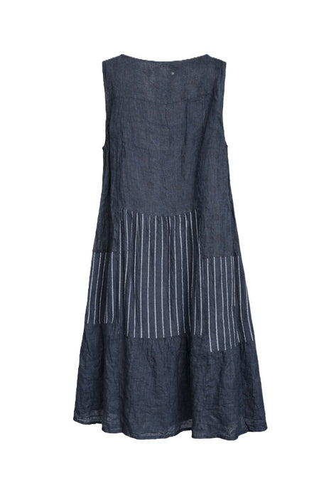 Robe en lin bleu foncé fines rayures blanches - Taille unique