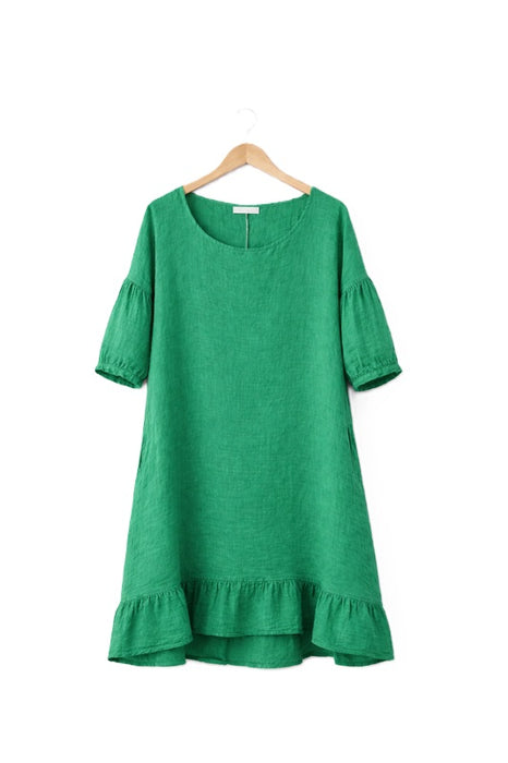 Linen dress long green - One Size