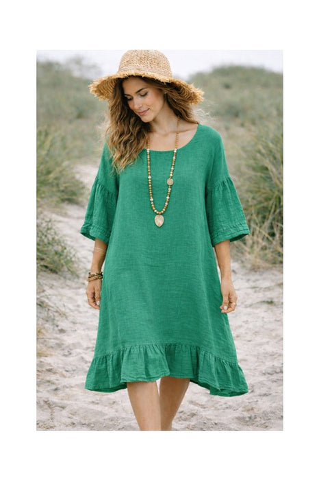 Linen dress long green - One Size