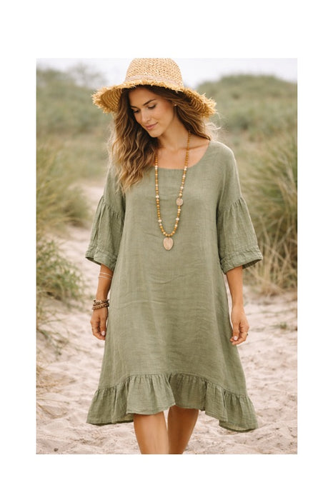 Linen dress long khaki - One Size