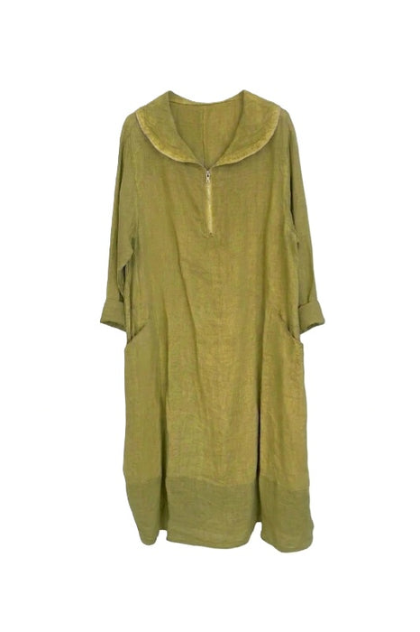 Linen dress long sleeve olive green - One Size