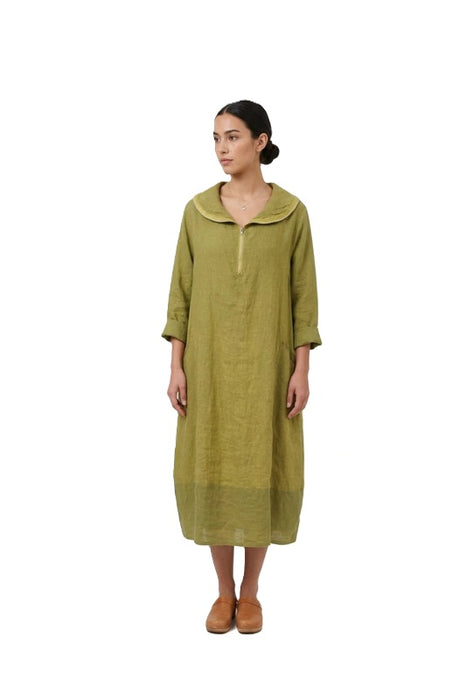 Linen dress long sleeve olive green - One Size