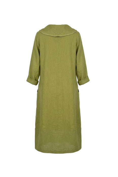 Linen dress long sleeve olive green - One Size