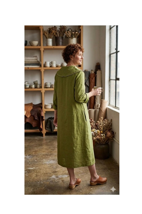 Linen dress long sleeve olive green - One Size