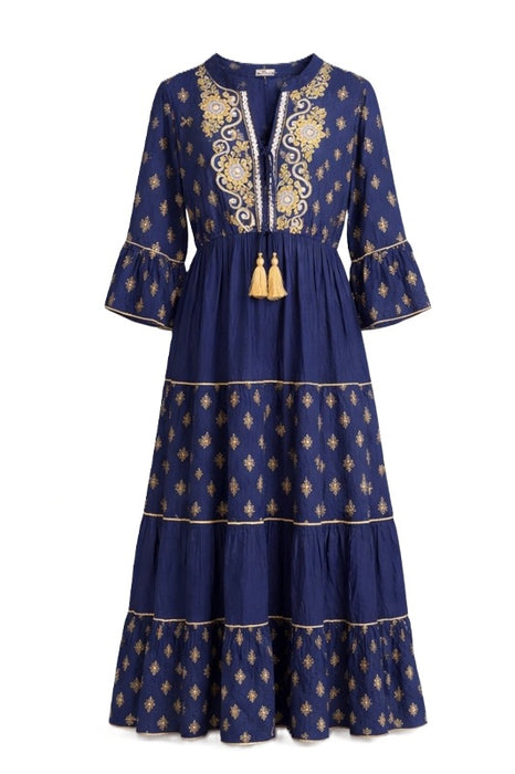 Kleid bestickt Volantärmel Viskose dunkelblau - One Size
