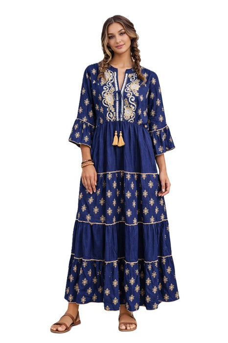 Kleid bestickt Volantärmel Viskose dunkelblau - One Size