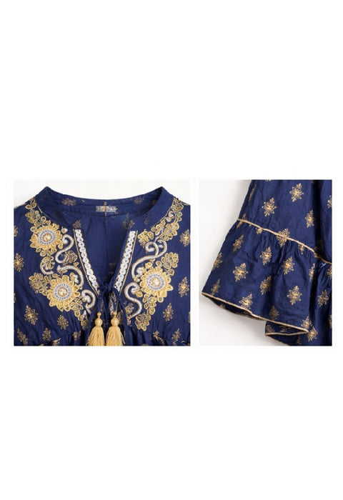 Kleid bestickt Volantärmel Viskose dunkelblau - One Size