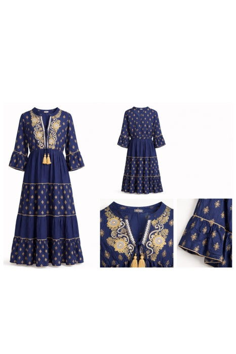 Kleid bestickt Volantärmel Viskose dunkelblau - One Size