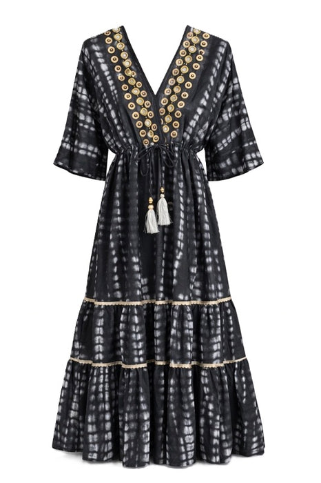 Kleid Boho Batik lang Viskose schwarz - One Size