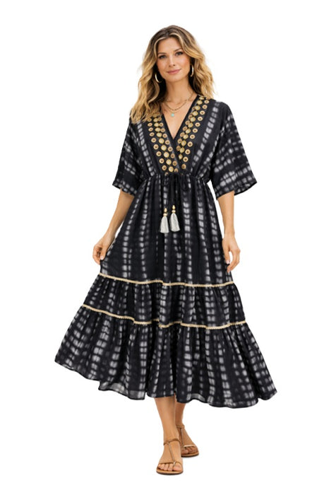 Kleid Boho Batik lang Viskose schwarz - One Size