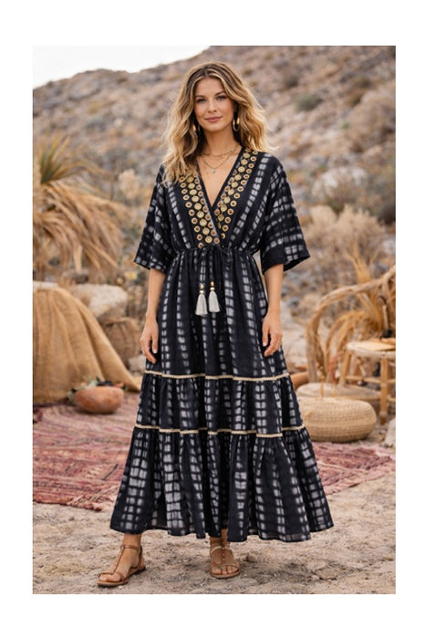 Kleid Boho Batik lang Viskose schwarz - One Size