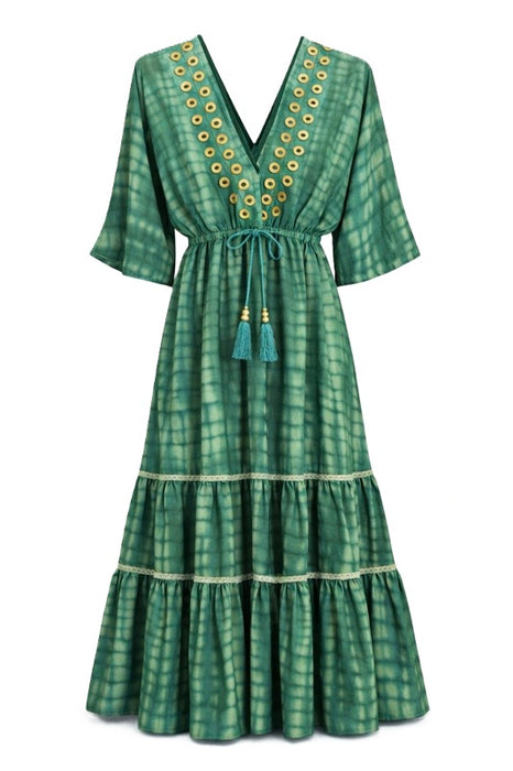 Kleid Boho Batik lang Viskose grün - One Size