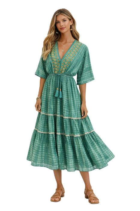 Kleid Boho Batik lang Viskose grün - One Size