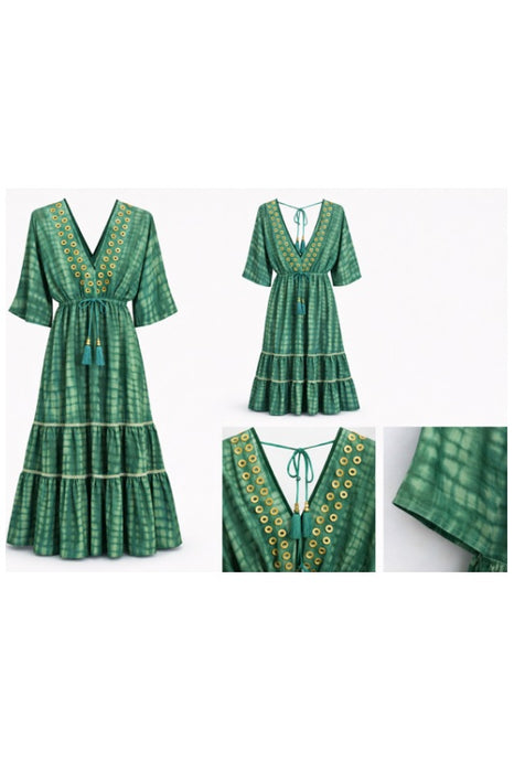 Kleid Boho Batik lang Viskose grün - One Size