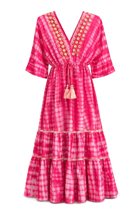 Kleid Boho Batik lang Viskose rot - One Size