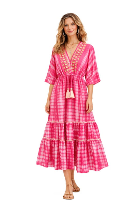 Kleid Boho Batik lang Viskose rot - One Size