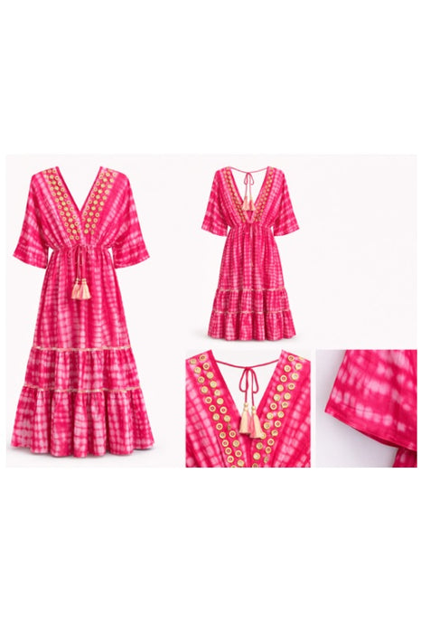 Kleid Boho Batik lang Viskose rot - One Size