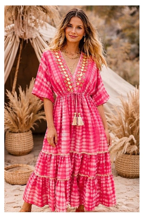 Kleid Boho Batik lang Viskose rot - One Size