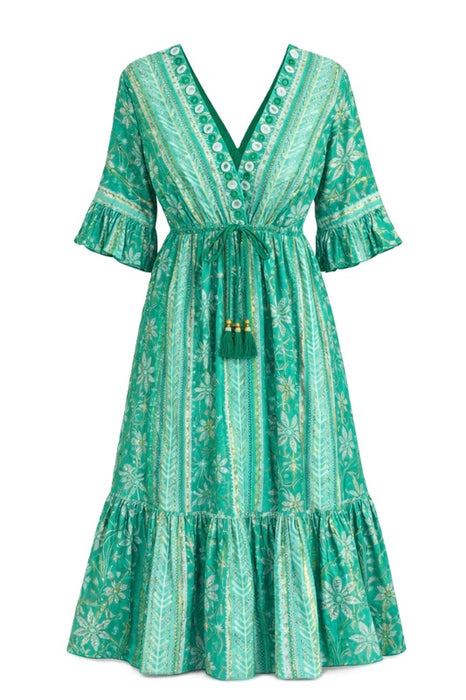 Kleid Baumwolle Blumenmuster grün - One Size