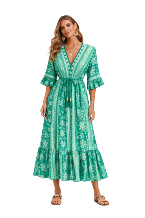 Kleid Baumwolle Blumenmuster grün - One Size