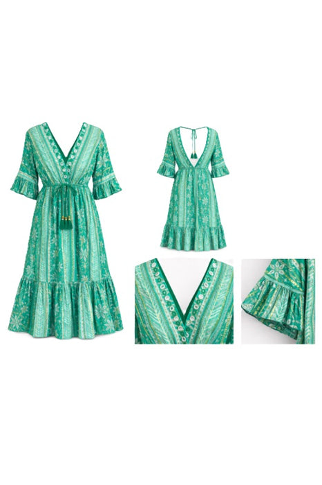 Kleid Baumwolle Blumenmuster grün - One Size