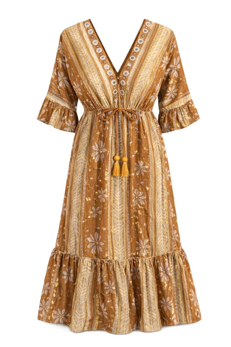 Kleid Baumwolle Blumenmuster braun - One Size