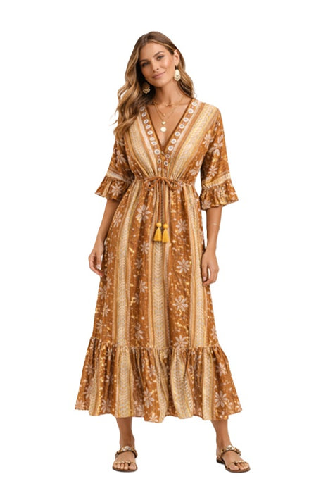 Kleid Baumwolle Blumenmuster braun - One Size