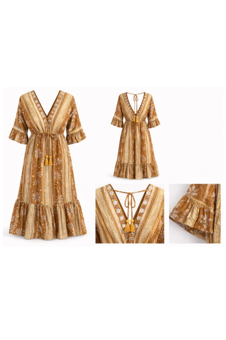 Kleid Baumwolle Blumenmuster braun - One Size