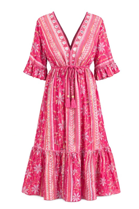 Kleid Baumwolle Blumenmuster rot - One Size