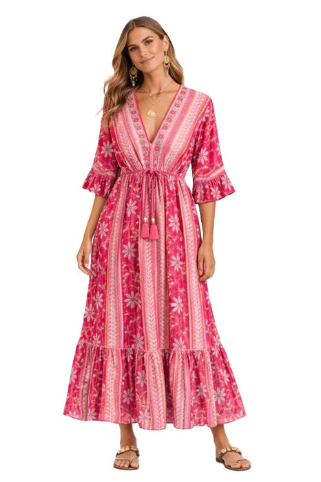 Kleid Baumwolle Blumenmuster rot - One Size