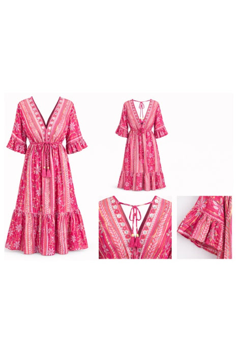 Kleid Baumwolle Blumenmuster rot - One Size