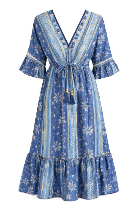 Kleid Baumwolle Blumenmuster blau - One Size