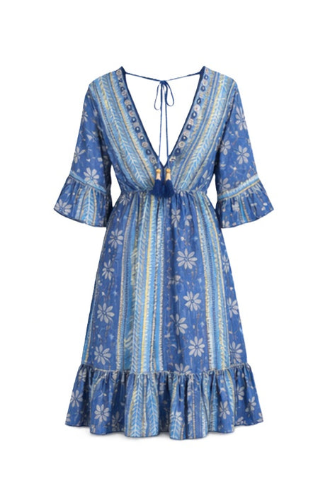 Kleid Baumwolle Blumenmuster blau - One Size