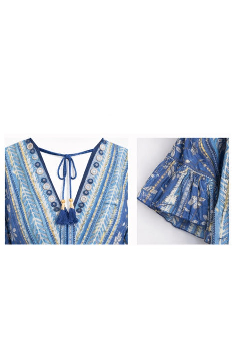 Kleid Baumwolle Blumenmuster blau - One Size