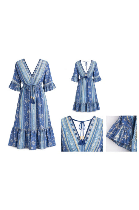 Kleid Baumwolle Blumenmuster blau - One Size