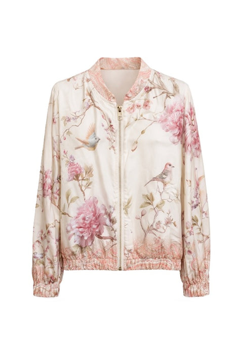 Jacke mit Blumenmuster und Vogel rosa/beige/grün - One Size