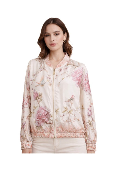 Jacke mit Blumenmuster und Vogel rosa/beige/grün - One Size