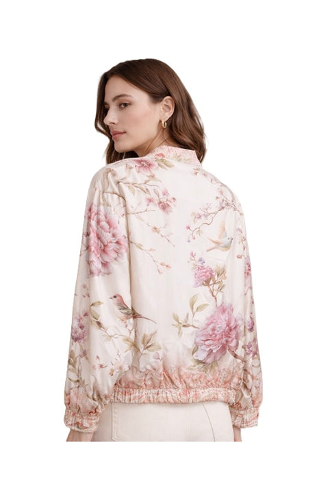 Jacke mit Blumenmuster und Vogel rosa/beige/grün - One Size